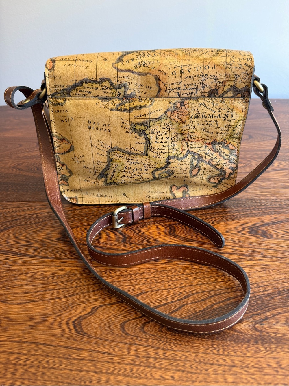 Patricia Nash Old World European Map Print Tan Crossbody Bag with Leather Trim - Picture 2 of 10
